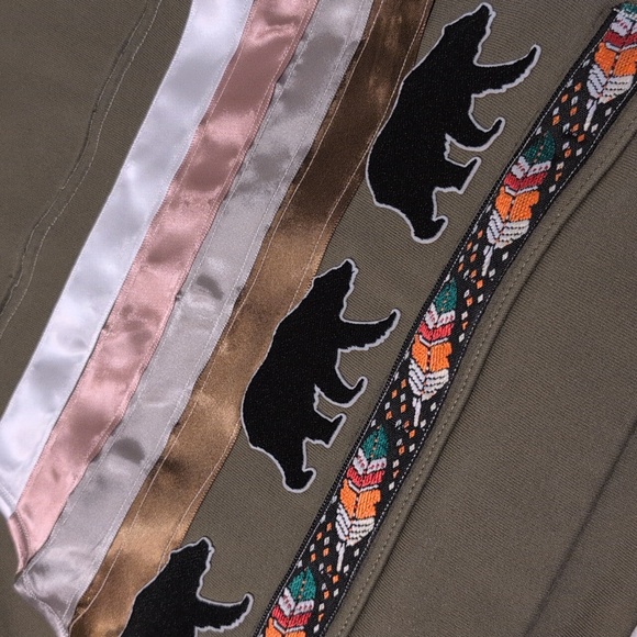 Upcycled army green ribbon native hoodie. - Picture 2 of 4